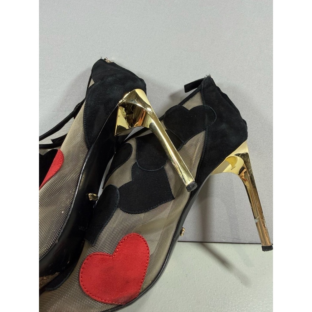 Diane von Furstenberg Black and Red Heart Suede Mesh Peep Toe Stiletto Heels Siz - Picture 7 of 11